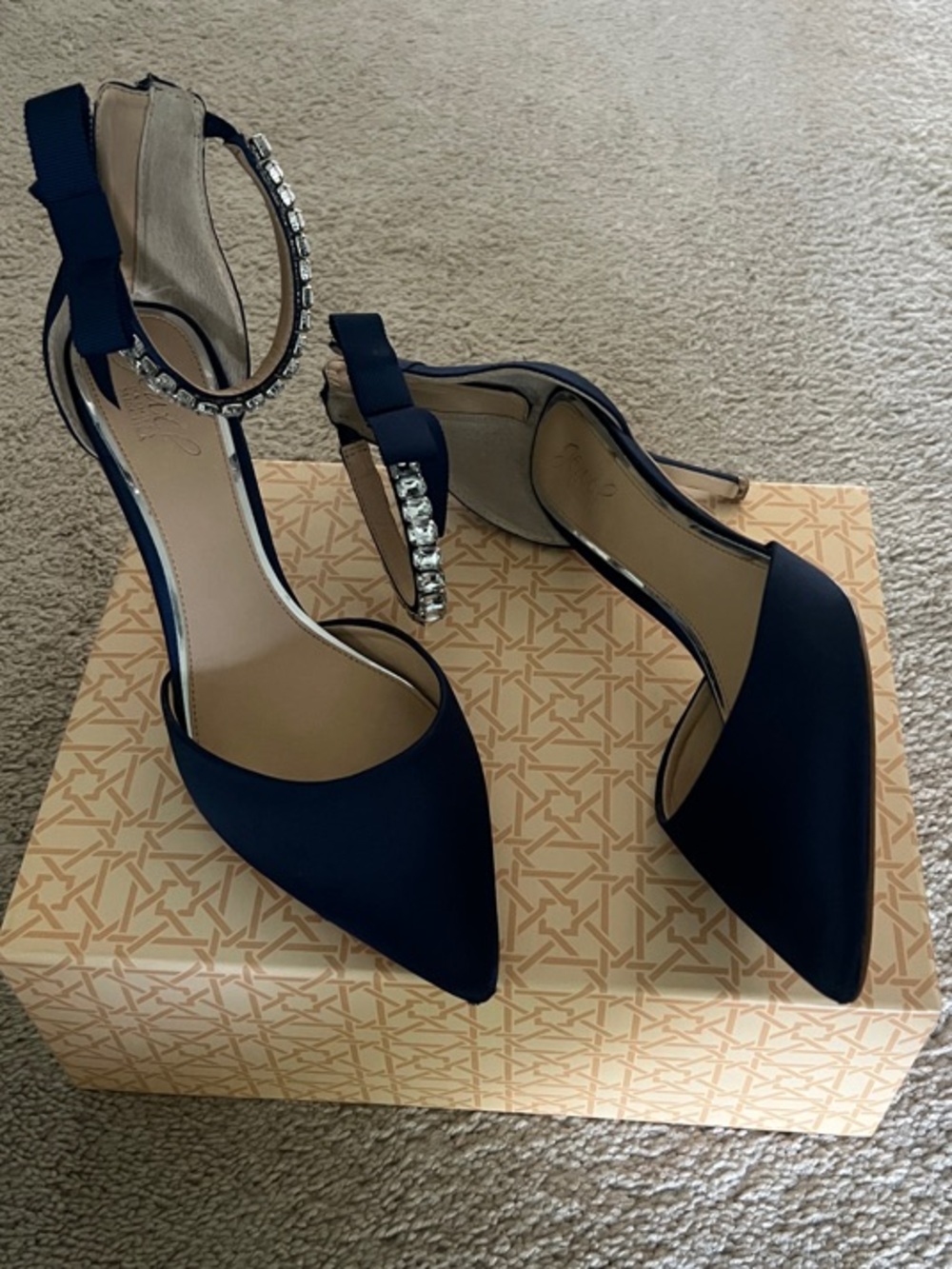 Badgley Mischka Navy Pointed Toe Heels with Crystal Ankle Strap and Bow